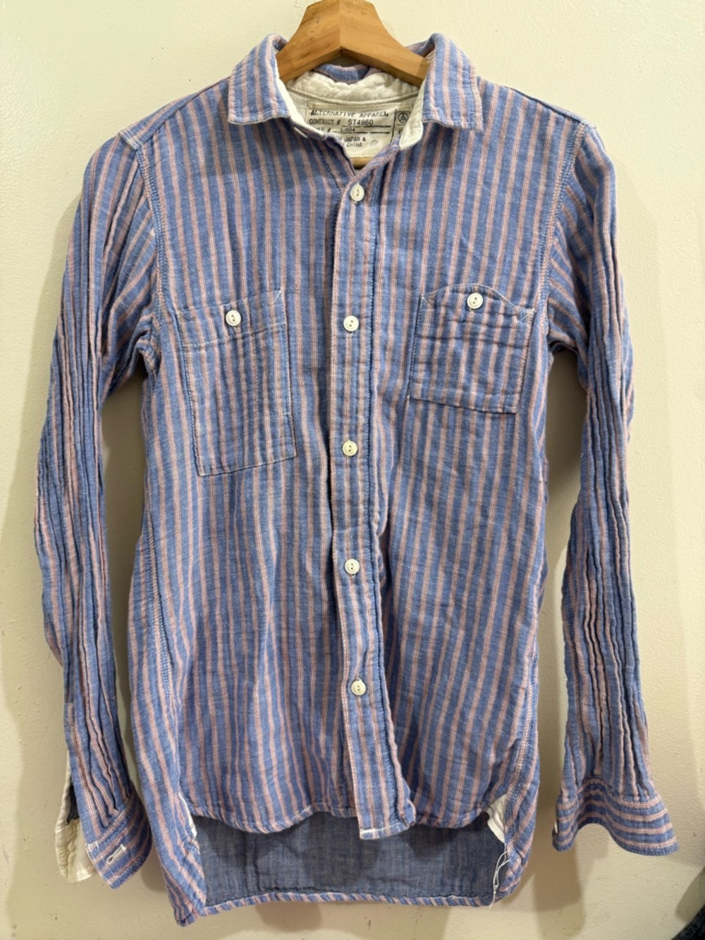 Alternative Apparel Blue and Pink Striped Lightweight Button-Down Shirt